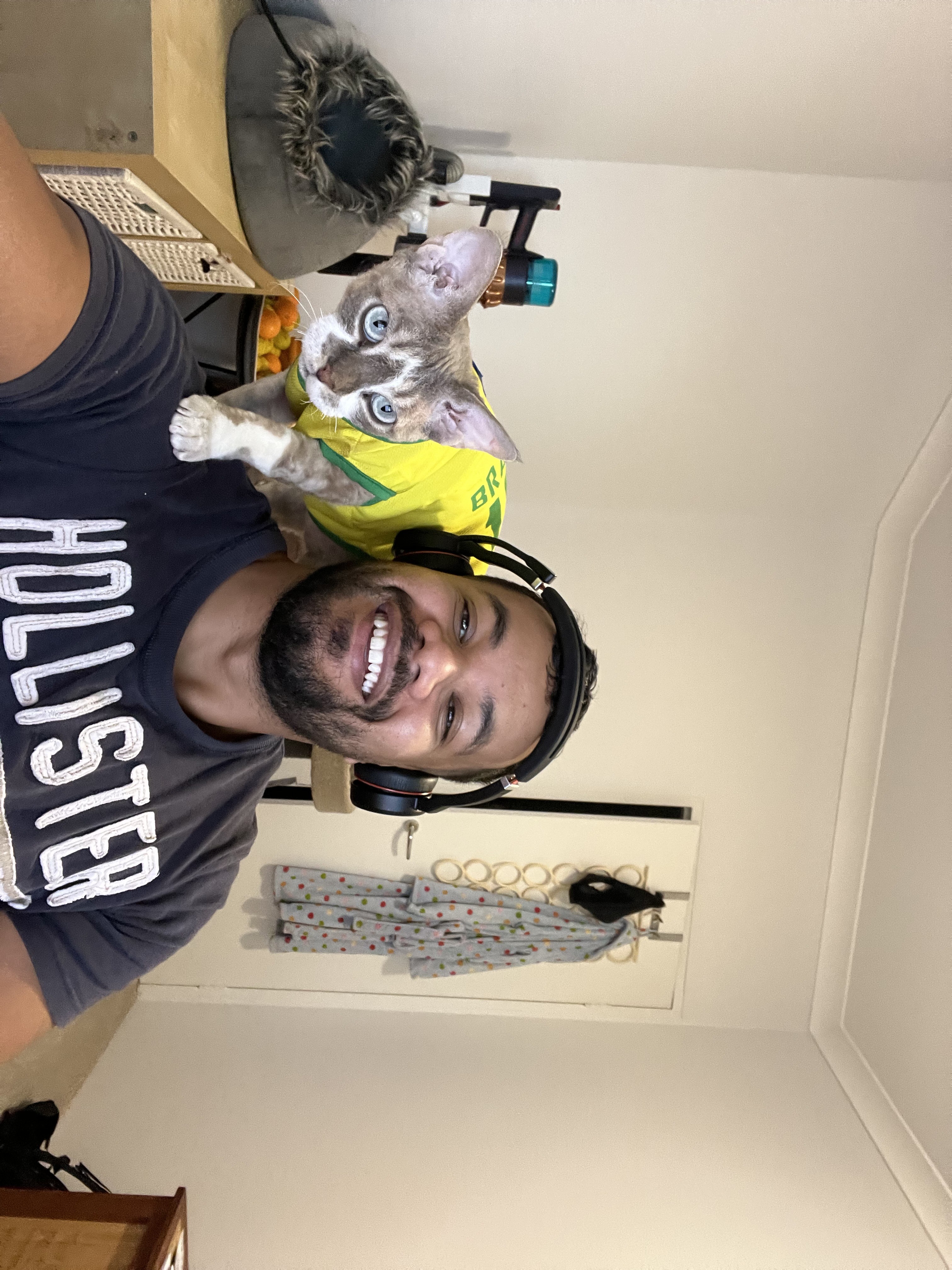 Diego and Fernando the Devon Rex in a Brazil jersey